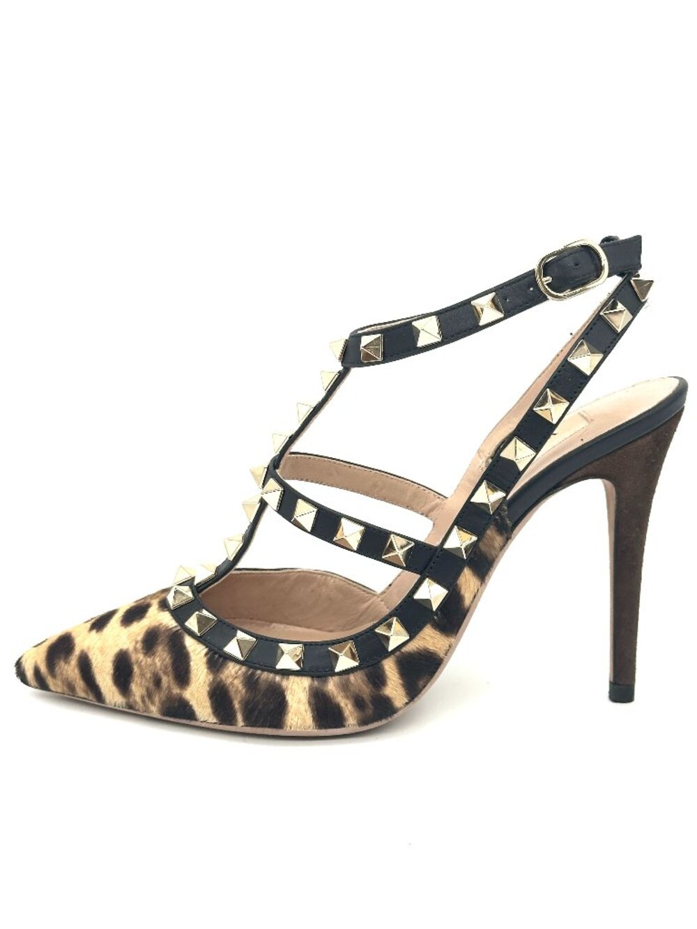 Valentino Rockstud Studded Leopard Pony Hair T Strap Heels Shoes Sandals